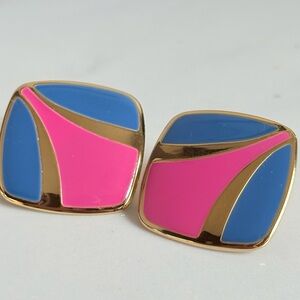 Vintage Avon 1993 Enamel Square Stud Earrings Fuchsia Pink Navy Gold 1” NIB E55